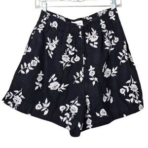 Abercrombie & Fitch Womens Shorts Med Black White Embroidery Floral Boho Linen